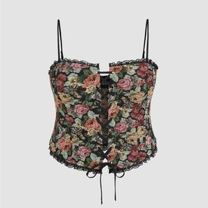 Cider - Jacquard Multicoloured Floral Black Lace Trim Crop Top - US 2XL
